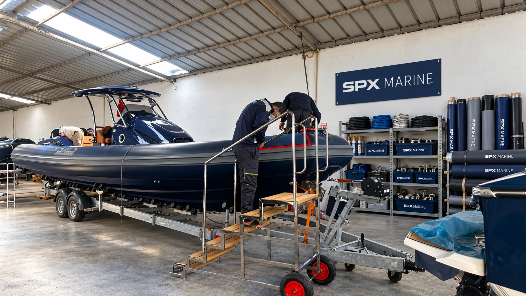Atelier SPX Marine : intervention sur un semi-rigide, photographie retouchée